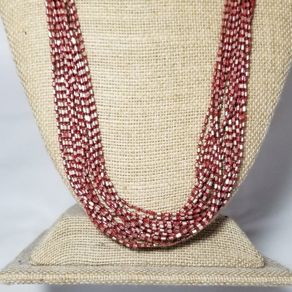 Red Silver 16 Strand Metallic Beaded Necklace EUC